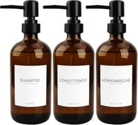 Hafeehoo 3 db Barna Üveg Szappanadagoló 500 ml Fekete Pumpával és Fehér Címkékkel 1