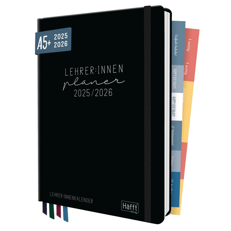 Agendă pentru Profesori Häfft 2025/2026 A5+ „Black Edition”, Copertă Rigidă, 236 de pagini, Calendar pentru Anul Școlar cu Autocolante - Sustenabilă