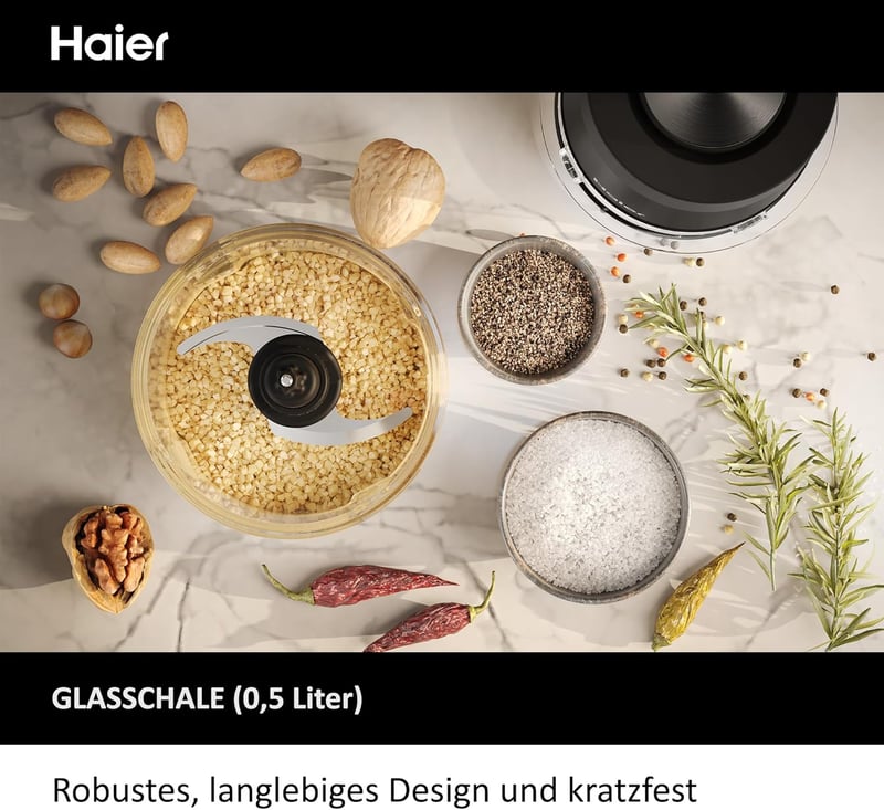 Haier Chopper 550W zöldségvágó 0,5L üvegtállal, 2 sebességfokozat, hagymavágó