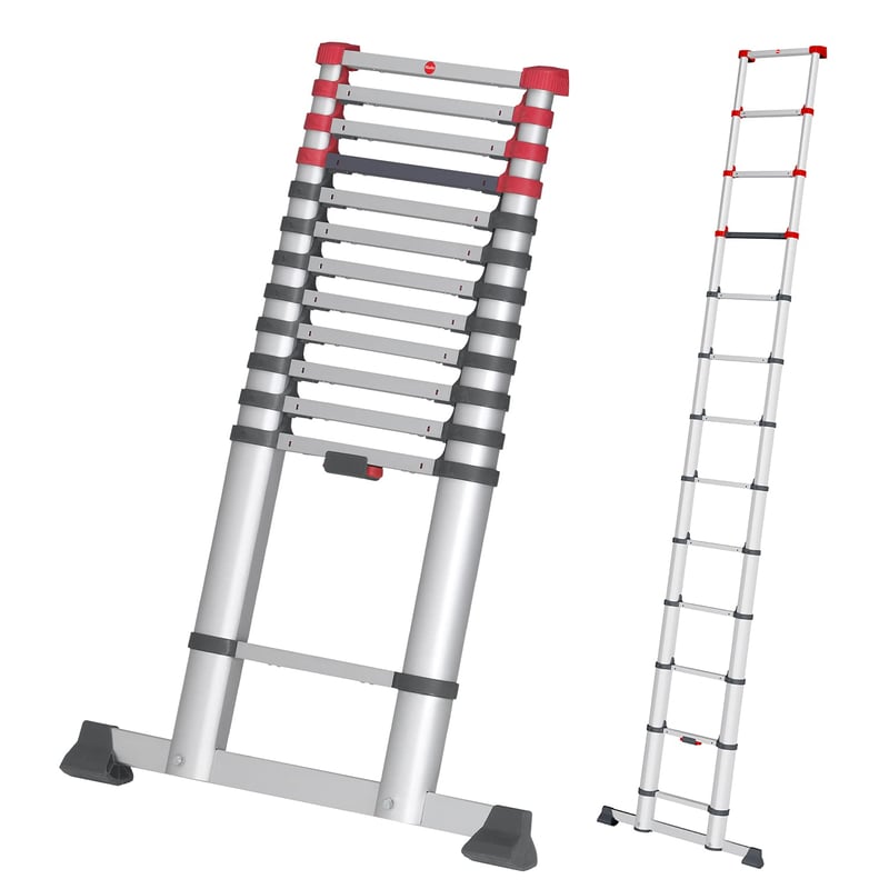 Scară telescopică din aluminiu Hailo T80 FlexLine, 13 trepte, înălțime de lucru 450 cm, argintiu, 13,1 kg