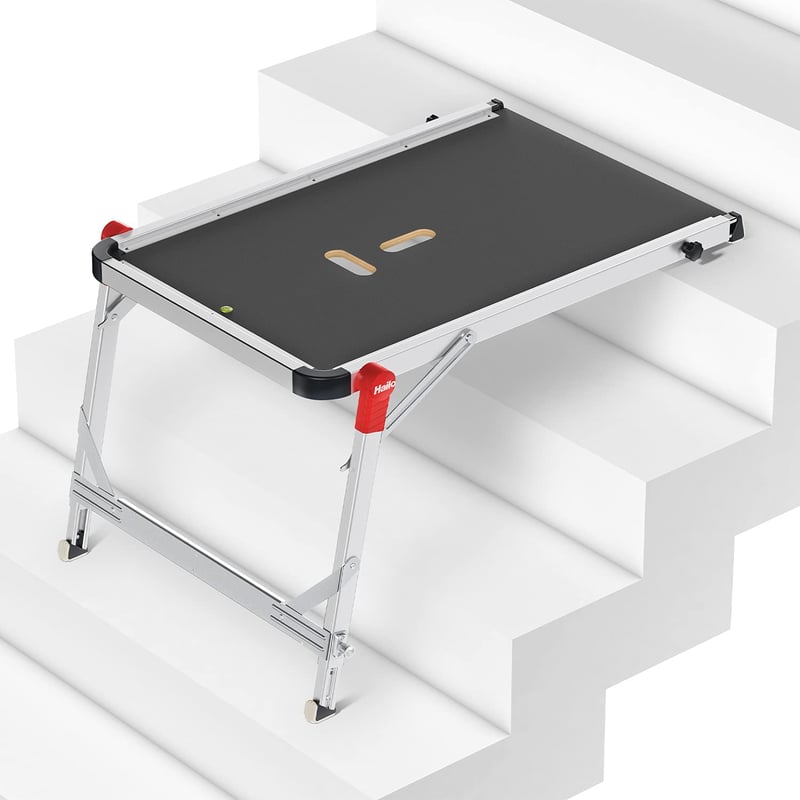 Hailo TP1 Lépcsős Munkaplatform – Csúszásmentes Rétegelt Lemez, Beépített Vízmérték, Soft-Grip Talp, 150 kg Teherbírás, Állítható, Ezüst