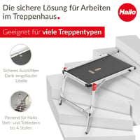 Hailo TP1 Lépcsős Munkaplatform – Csúszásmentes Rétegelt Lemez, Beépített Vízmérték, Soft-Grip Talp, 150 kg Teherbírás, Állítható, Ezüst 3