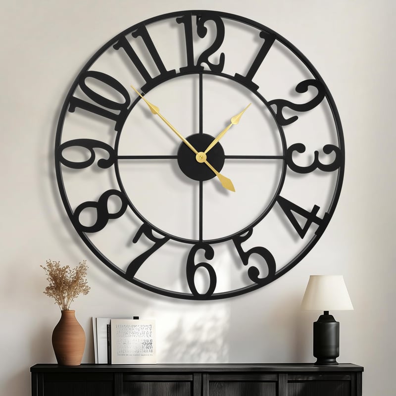 HAITANG Nagy Falióra Modern Fekete Fém Kerek 80 cm Átmérő Néma Elemmel Működő Vintage Stílusú Arab Számjegyes Óra Nappaliba Hálószobába Kony