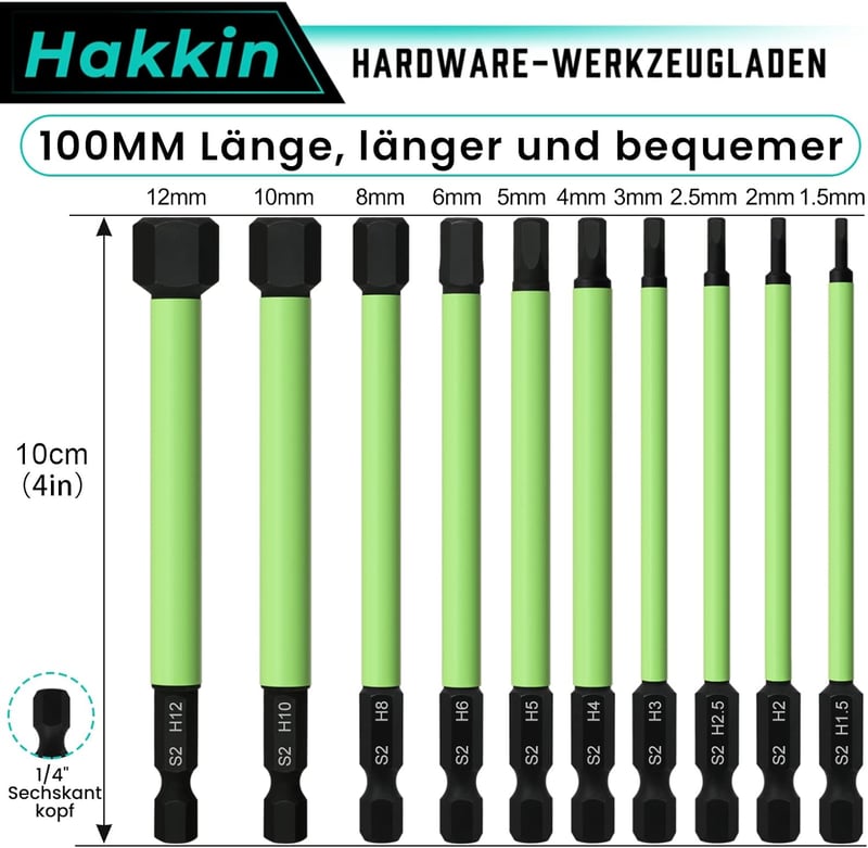 Hakkin 100mm Hex Csavarhegy Készlet S2 Ütésálló 10 Darab Mágneses