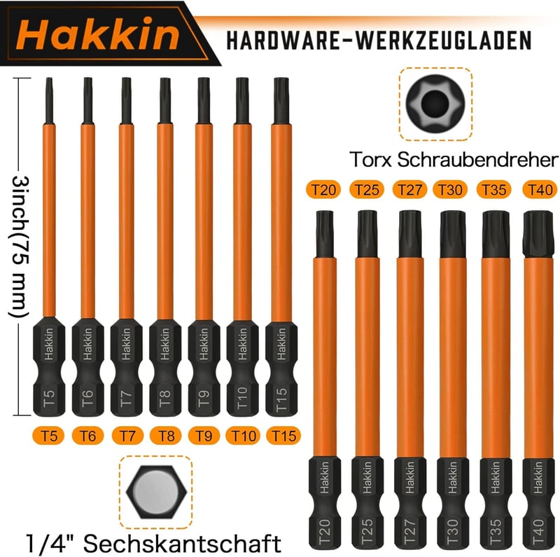 Hakkin 13 részes Torx bit készlet 75mm mágneses csavarhúzó S2 acél