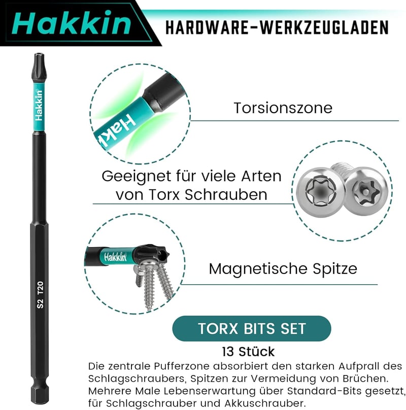 Hakkin 150mm Torx Bit készlet 12db hosszú bitek 1/4" S2 csavarhúzóhoz
