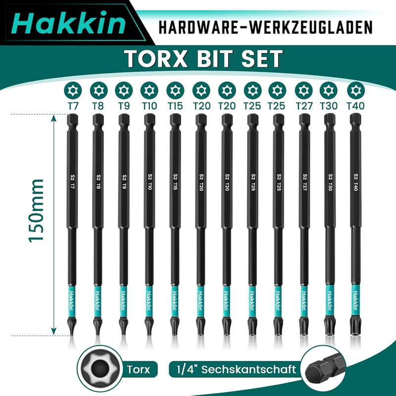 Hakkin 150mm Torx Bit készlet 12db hosszú bitek 1/4" S2 csavarhúzóhoz