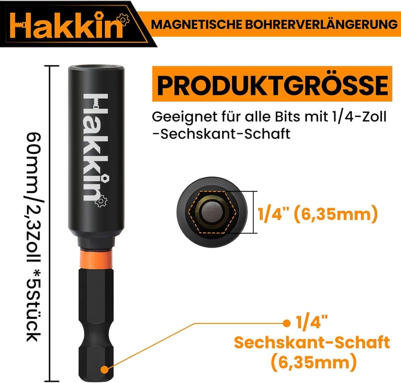 Hakkin 5 db 60 mm Mágneses Bittartó 1/4" Gyorscserélő Fúrószár Hosszabbító Elektromos Fúrókhoz, Csavarbehajtókhoz, Krómvanádium Acél
