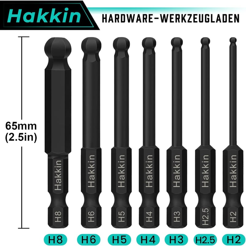 Hakkin 7 részes gömbfejű imbuszkulcs készlet 2-8 mm, 65 mm hosszú, S2 acél, mágneses, 1/4" befogású, szereléshez, barkácsoláshoz