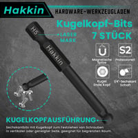 Hakkin 7 részes gömbfejű imbuszkulcs készlet 2-8 mm, 65 mm hosszú, S2 acél, mágneses, 1/4" befogású, szereléshez, barkácsoláshoz 6