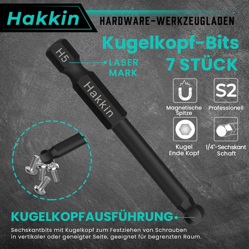 Hakkin 7 részes gömbfejű imbuszkulcs készlet 2-8 mm, 65 mm hosszú, S2 acél, mágneses, 1/4" befogású, szereléshez, barkácsoláshoz