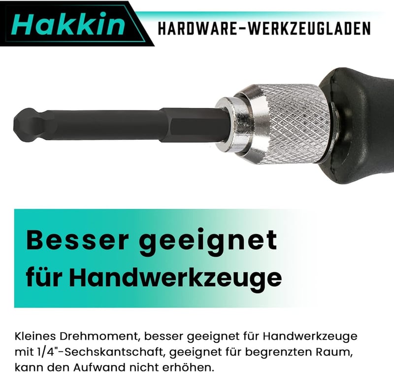 Hakkin 7 részes gömbfejű imbuszkulcs készlet 2-8 mm, 65 mm hosszú, S2 acél, mágneses, 1/4" befogású, szereléshez, barkácsoláshoz