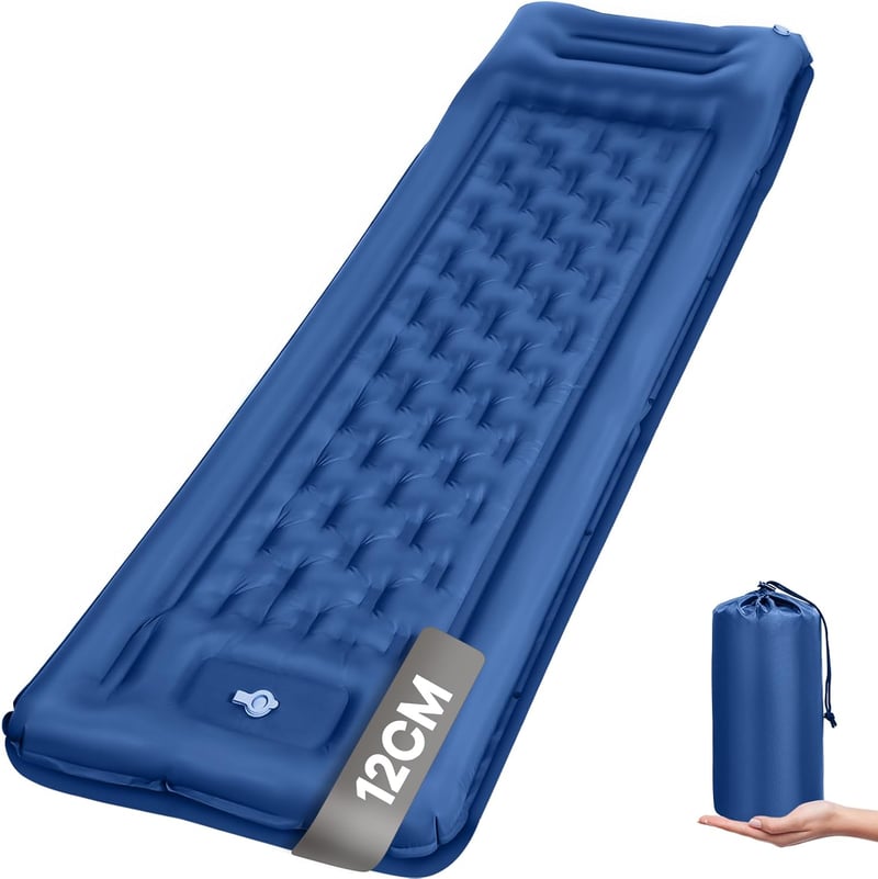 Haksimey Önfelfújó Kempingmatrac 12 cm Vastag - 72x200 cm Légmatrac Beépített Párnával és Lábpumpával - Túrázáshoz, Kempingezéshez, Szabadté