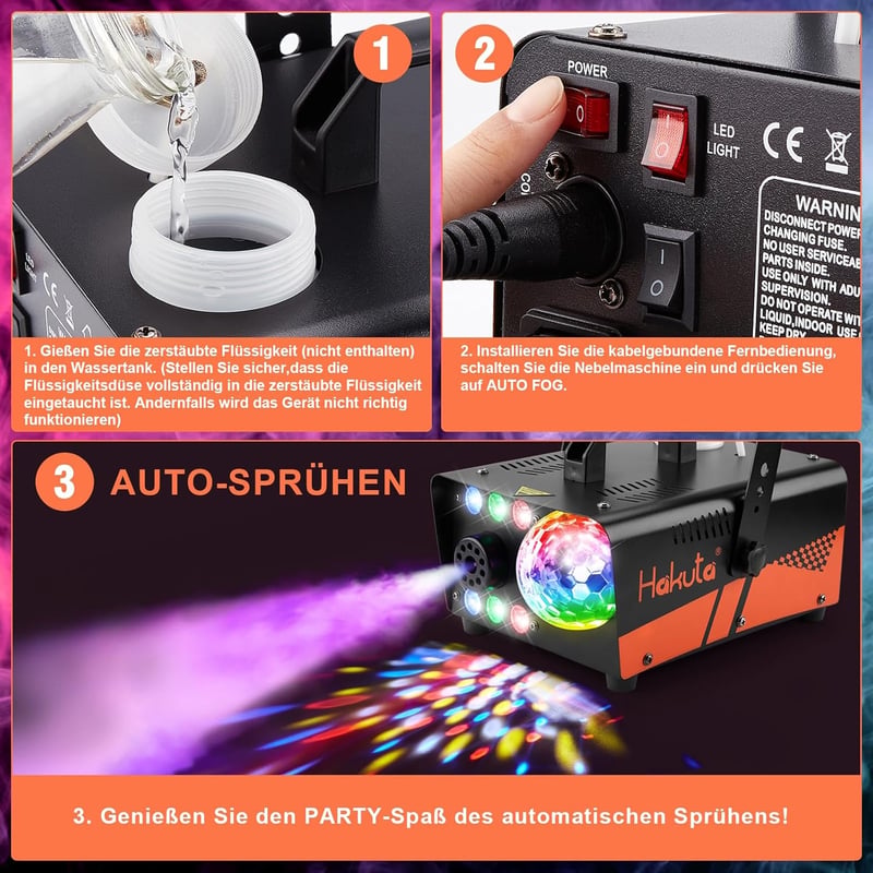 HAKUTA 600W Ködgép Diszkógömbbel és RGB LED Világítással - Automata Ködpermetezés 2300 CFM - Bulikhoz, Színpadi Előadásokhoz, Halloweenre