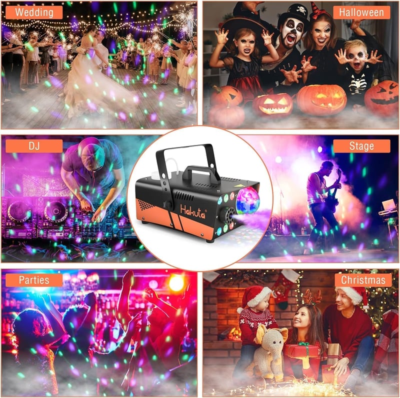 HAKUTA 600W Ködgép Diszkógömbbel és RGB LED Világítással - Automata Ködpermetezés 2300 CFM - Bulikhoz, Színpadi Előadásokhoz, Halloweenre