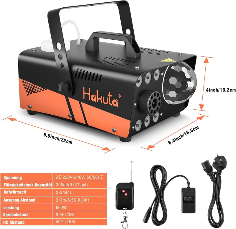 HAKUTA 600W Ködgép Diszkógömbbel és RGB LED Világítással - Automata Ködpermetezés 2300 CFM - Bulikhoz, Színpadi Előadásokhoz, Halloweenre