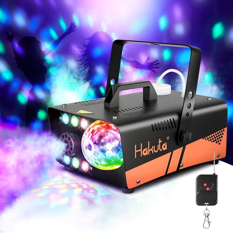 HAKUTA 600W Ködgép Diszkógömbbel és RGB LED Világítással - Automata Ködpermetezés 2300 CFM - Bulikhoz, Színpadi Előadásokhoz, Halloweenre