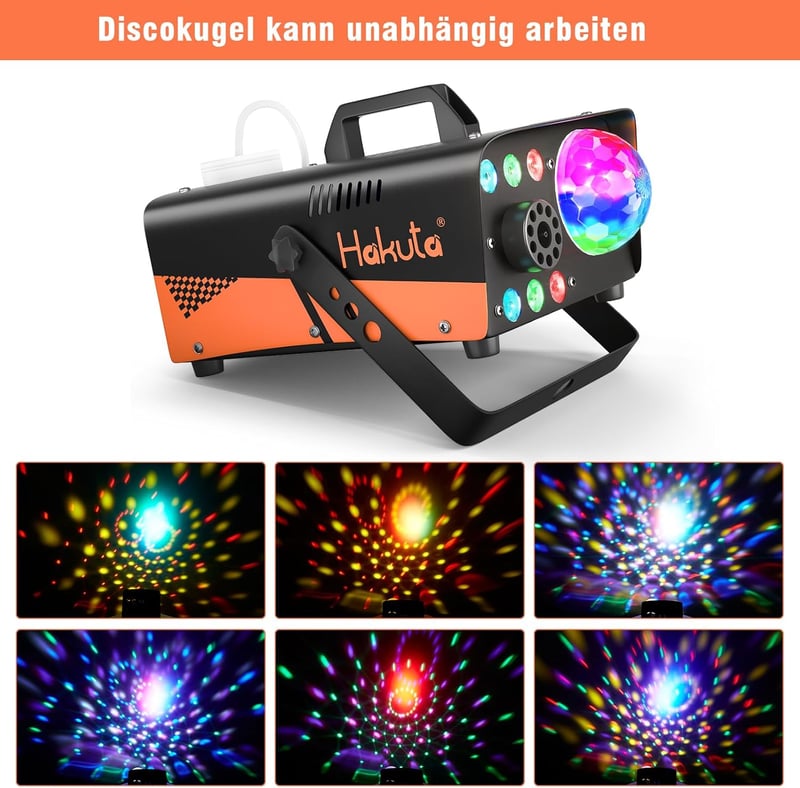 HAKUTA 600W Ködgép Diszkógömbbel és RGB LED Világítással - Automata Ködpermetezés 2300 CFM - Bulikhoz, Színpadi Előadásokhoz, Halloweenre