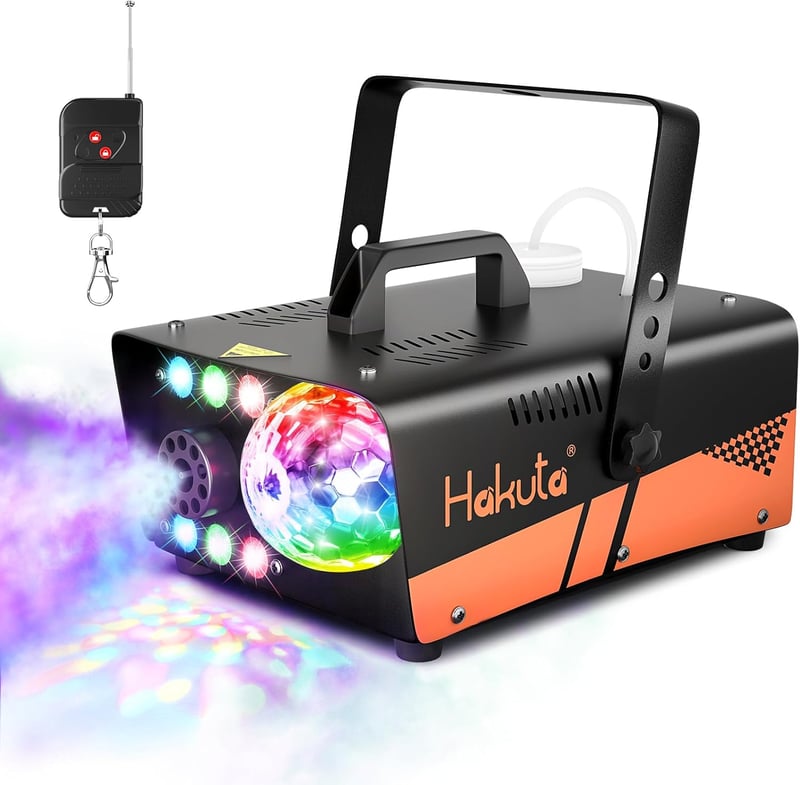 HAKUTA 600W Ködgép Diszkógömbbel és RGB LED Világítással - Automata Ködpermetezés 2300 CFM - Bulikhoz, Színpadi Előadásokhoz, Halloweenre