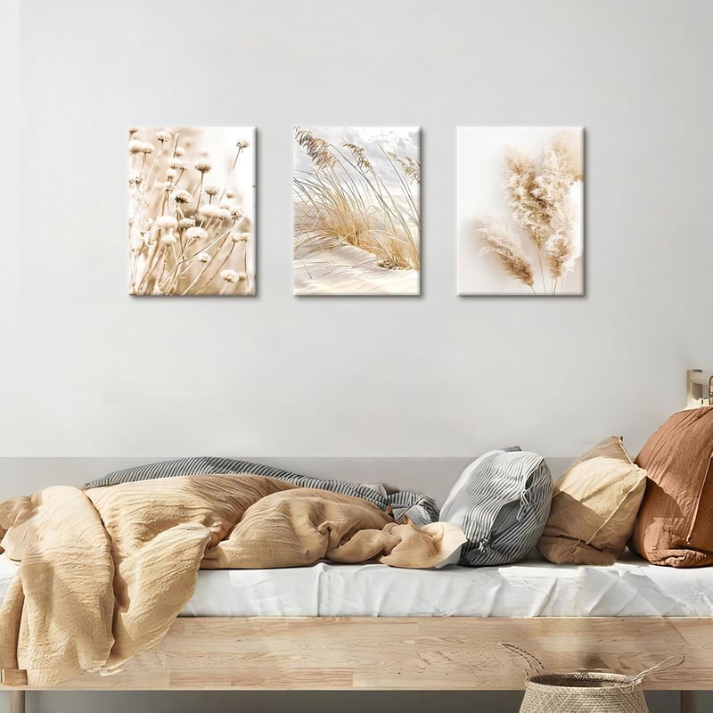 HALFLEMART 3 részes Pampasfű Vászonkép Beige Tengerpart Dekoráció 90x40cm