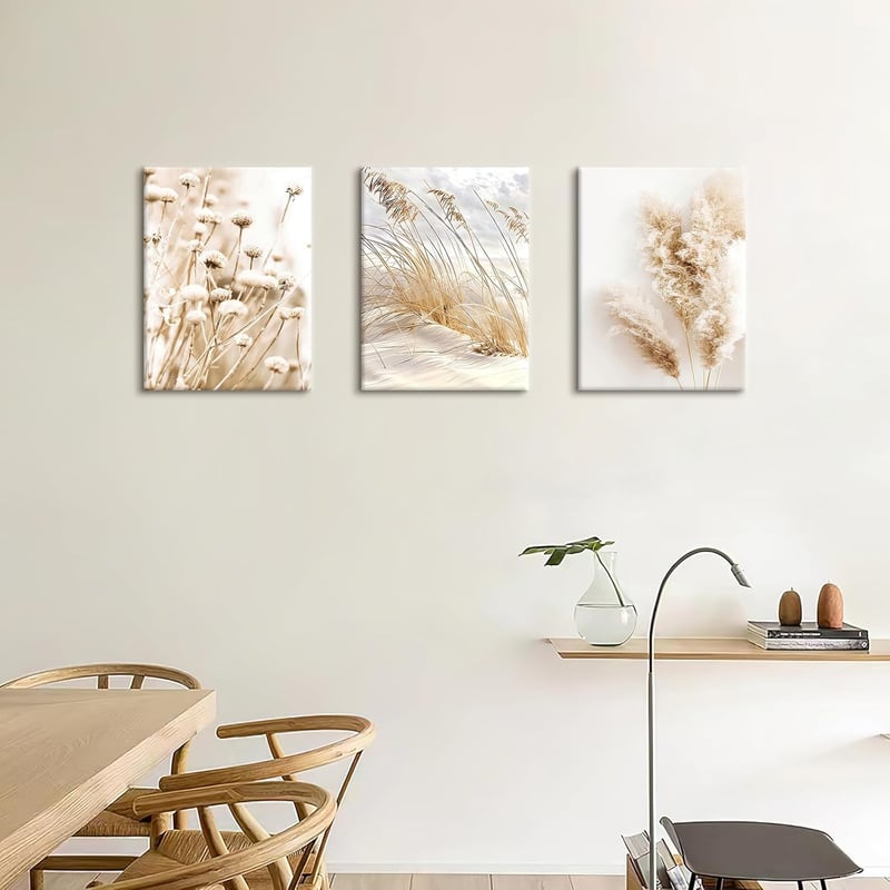 HALFLEMART 3 részes Pampasfű Vászonkép Beige Tengerpart Dekoráció 90x40cm