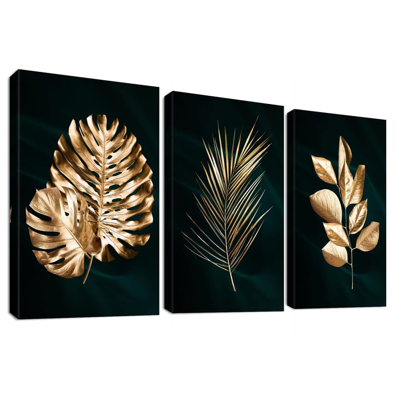 HALFLEMART 3-dielny obraz na plátne so zlatými palmovými listami – 150×70 cm