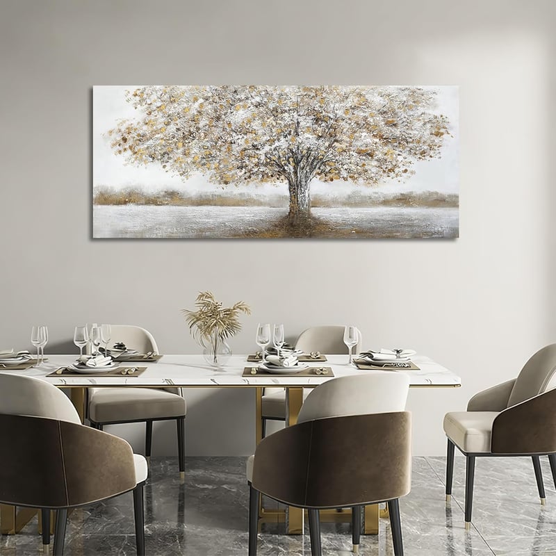 HALFLEMART Fehér Virág Arany Levelek Fali Vászon Absztrakt Festmény 50x120cm
