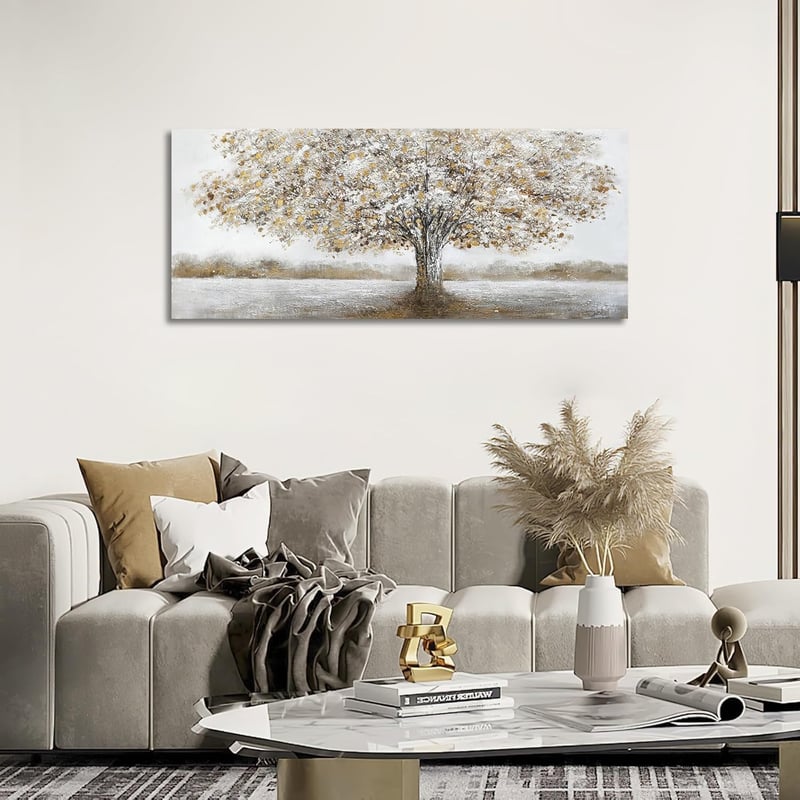 HALFLEMART Fehér Virág Arany Levelek Fali Vászon Absztrakt Festmény 50x120cm