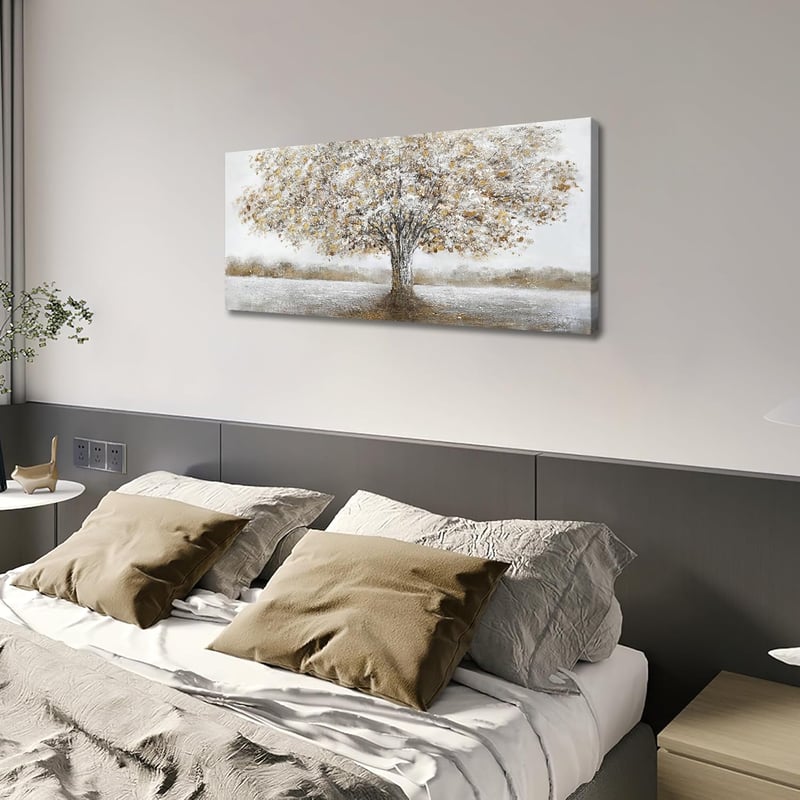 HALFLEMART Fehér Virág Arany Levelek Fali Vászon Absztrakt Festmény 50x120cm