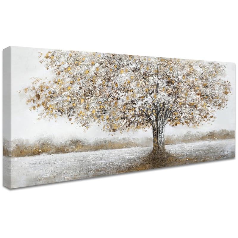 HALFLEMART Obraz na plátne v ráme s bielym kvetom a zlatými listami - 50x120 cm