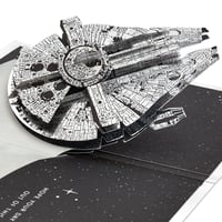 Hallmark Star Wars 3D vyskakovacie blahoželanie Millennium Falcon – narodeniny, Deň otcov, vesmírna téma Han Solo, strieborné 1