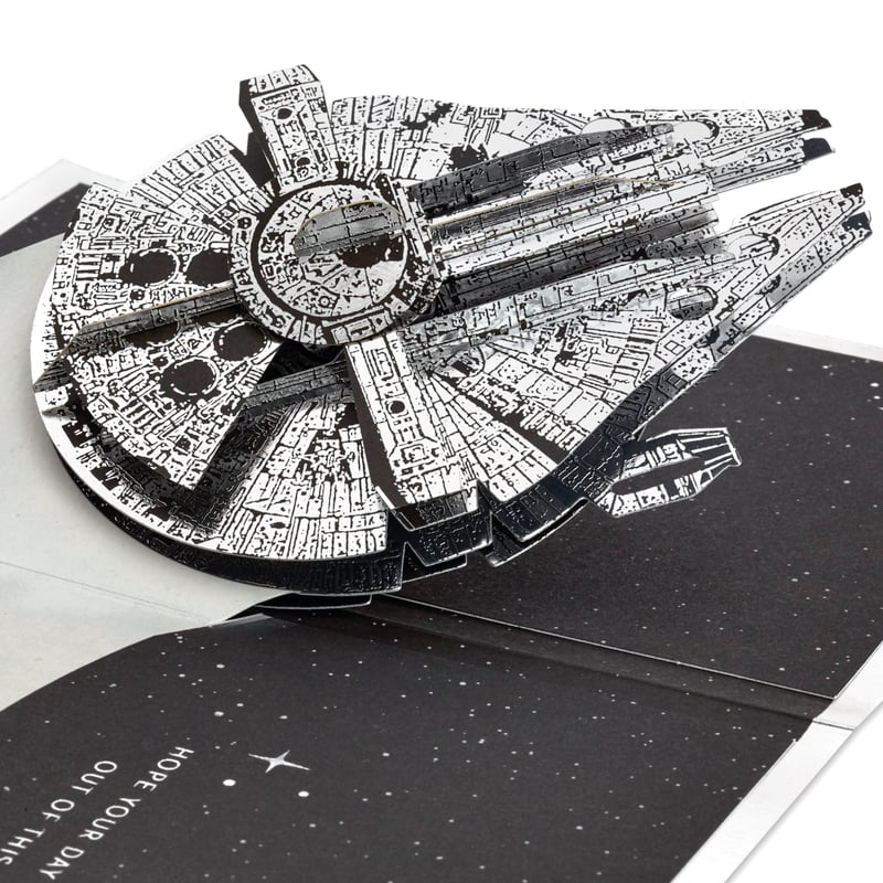 Hallmark Star Wars 3D vyskakovacie blahoželanie Millennium Falcon – narodeniny, Deň otcov, vesmírna téma Han Solo, strieborné