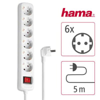 Prelungitor Hama cu 6 prize și întrerupător, cablu 5 m, certificat GS, protecție la supratensiune 8