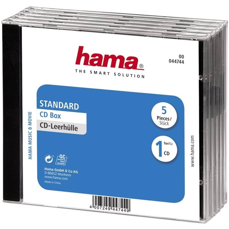 Carcasă Hama pentru CD, DVD și Blu-Ray, neagră, set de 5 bucăți cu capac transparent pentru discuri de dimensiune standard