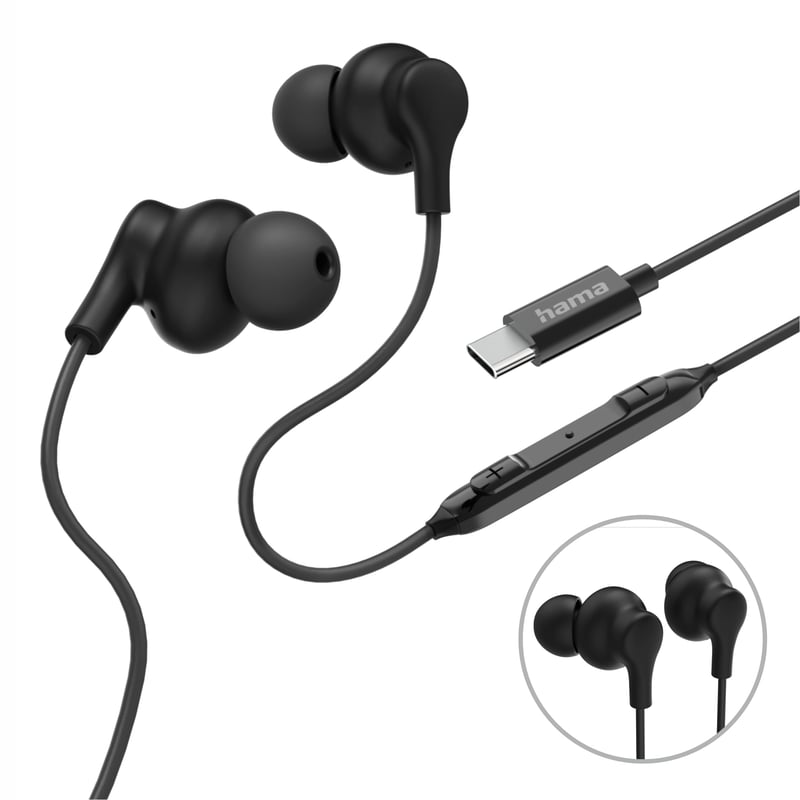 Káblové slúchadlá do uší Hama Curly s mikrofónom, ochranou proti zlomeniu kábla a USB-C konektorom, čierne