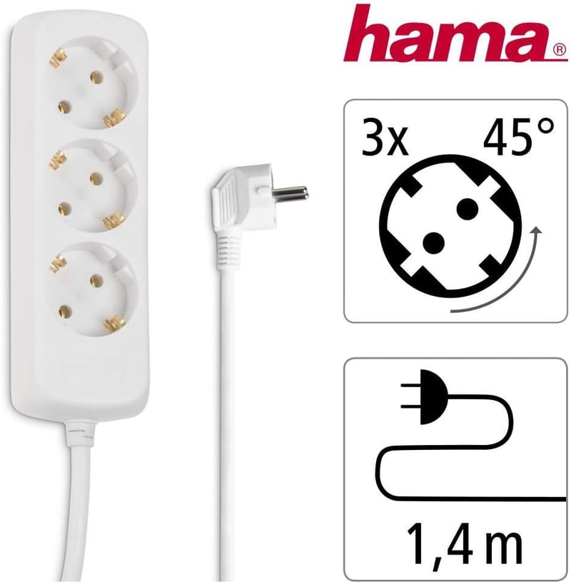 Hama elosztó 1,4m kábellel 45° forgatható 3500W GS tanúsított - 3-fold, White