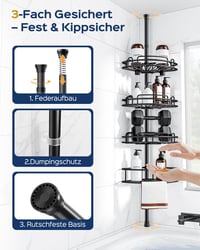 HAMITOR Teleskopická sprchová polica bez vŕtania – 4-poschodová kovová rohová polica, 121-314 cm, čierna, protišmyková, kúpeľňový organizér na šampóny 2