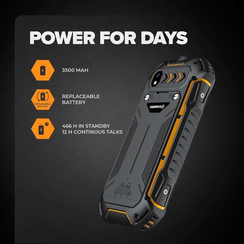 Hammer H Boost 2 LTE IP68 Robusztus Mobiltelefon Nagyobb Gombokkal, Fekete/Narancs