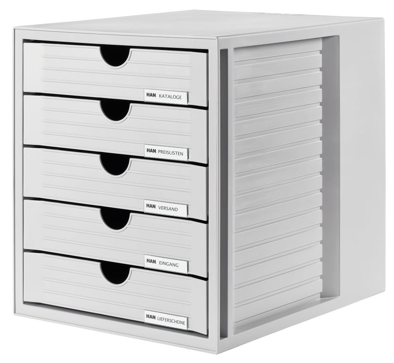 HAN SYSTEMBOX 1450-11 Stolový zásuvkový organizér na dokumenty s 5 zásuvkami, DIN C4 — na jednej zo zásuviek je odlomený malý kúsok (stav: pozri 2. obrázok)