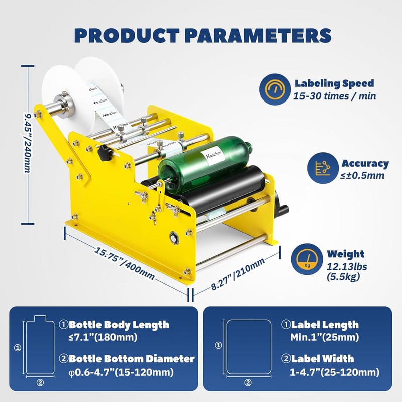 Hanchen MT-30 Kézi Kerek Üveg Címkéző Gép 15-20 db/perc Állítható