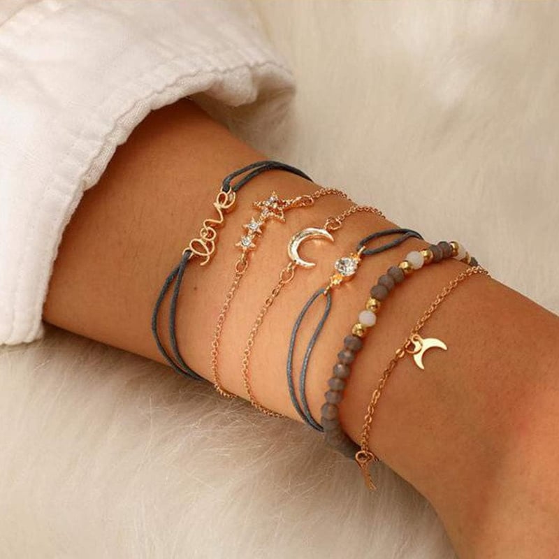 Handcess Boho Többrétegű Kristály Karkötő Szett Arany Hold Csillag 6 Darab