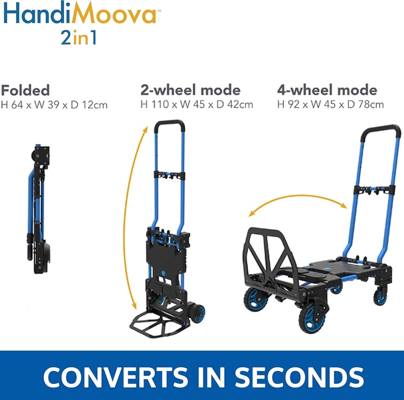 HandiWorld HandiMoova 2in1 Összecsukható Molnárkocsi 70-135kg Teherbírással - Kézikocsivá Alakítható Szállítókocsi Fekete