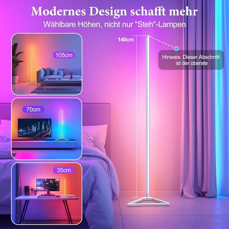 HANDSONIC RGBIC LED állólámpa App vezérléssel, levehető fekete lámpaernyő, 140 cm, 16 mill