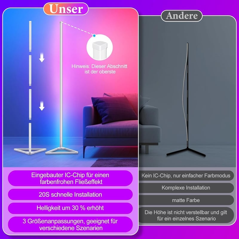 HANDSONIC RGBIC LED állólámpa App vezérléssel, levehető fekete lámpaernyő, 140 cm, 16 mill