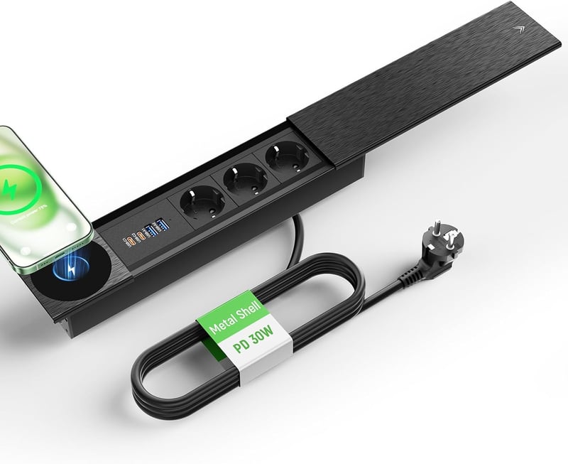 HANNELORE Asztalra szerelhető aljzat 3 aljzattal, 15W vezeték nélküli töltővel és 2x USB-C PD 30W, fekete, 2m kábel