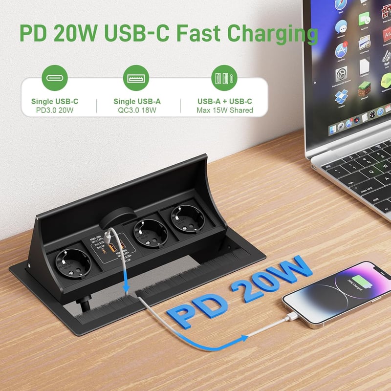 HANNELORE Beépíthető Aljzat USB-C PD 20W és Vezeték Nélküli Töltő 15W, Kihúzható Asztali Elosztó Munkalapba, 2m Kábel, Fekete