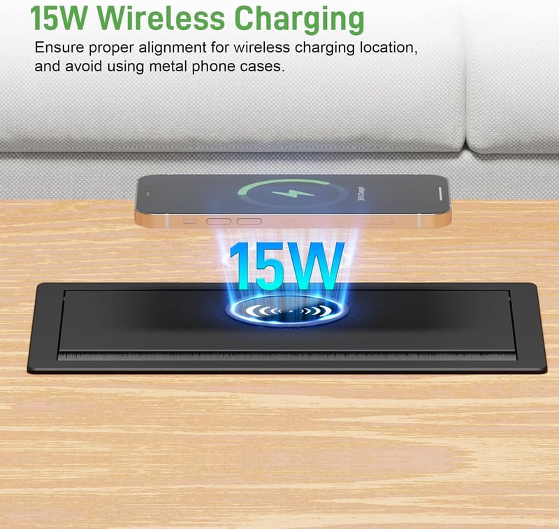 HANNELORE Beépíthető Aljzat USB-C PD 20W és Vezeték Nélküli Töltő 15W, Kihúzható Asztali Elosztó Munkalapba, 2m Kábel, Fekete