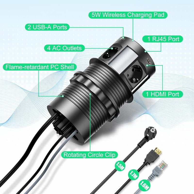 HANNELORE Beépíthető Asztal Konnektor 4 Aljzat 2 USB Vezeték Nélküli Töltés HDMI RJ45