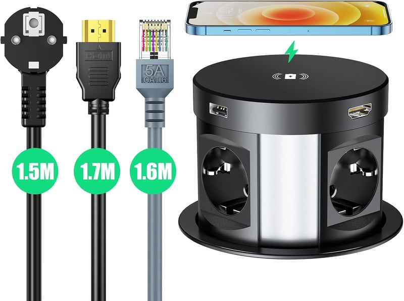 HANNELORE Beépíthető Asztal Konnektor 4 Aljzat 2 USB Vezeték Nélküli Töltés HDMI RJ45