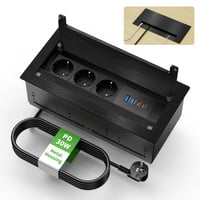 Zabudovateľná stolová zásuvka HANNELORE, 3 zásuvky, 2x USB-C PD 30W, s kovovým krytom a kefovým tesnením, na pracovnú dosku a rokovací stôl, 1,8 m kábel, čierna 1